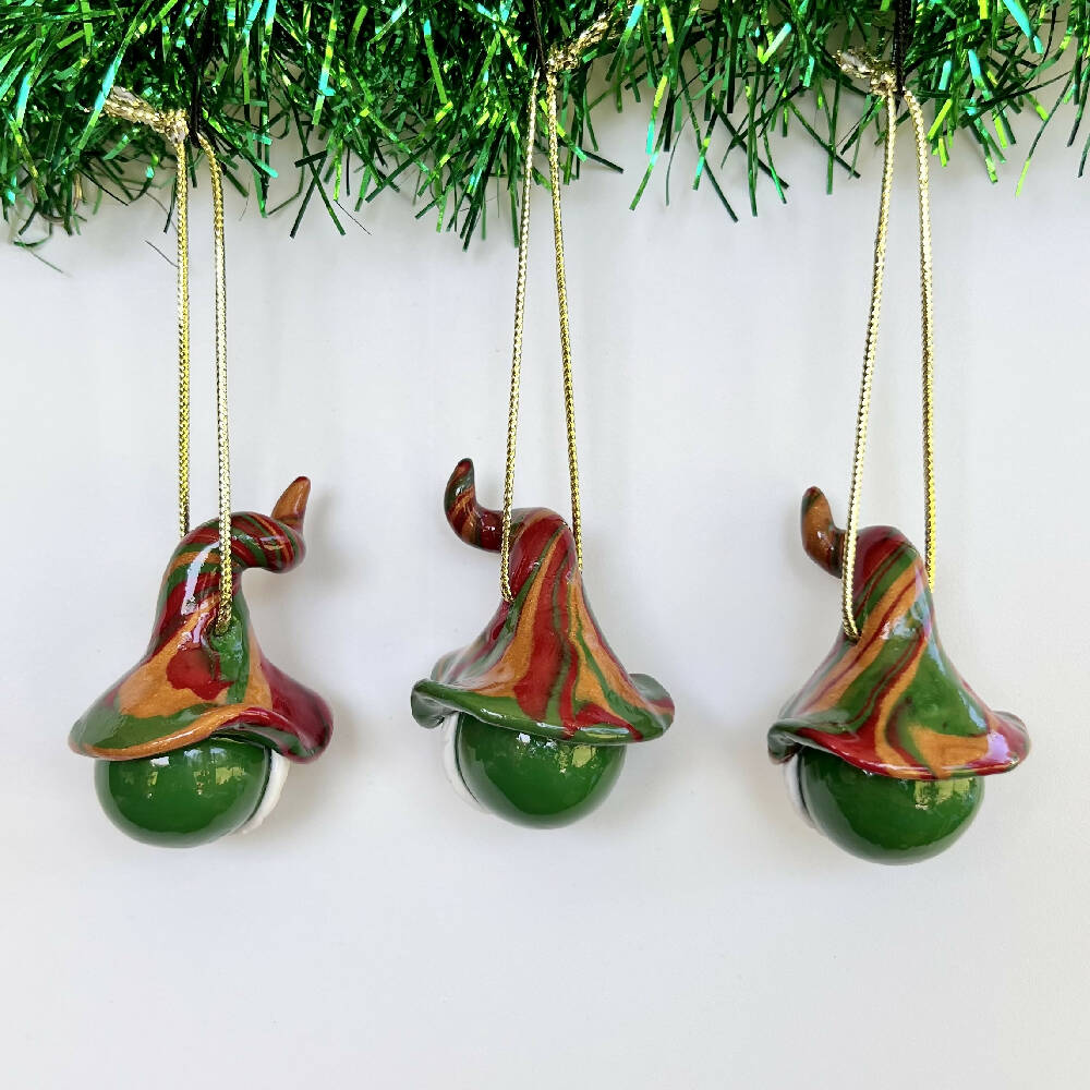 Gnome Christmas baubles trio - green, red, gold (green bottoms)