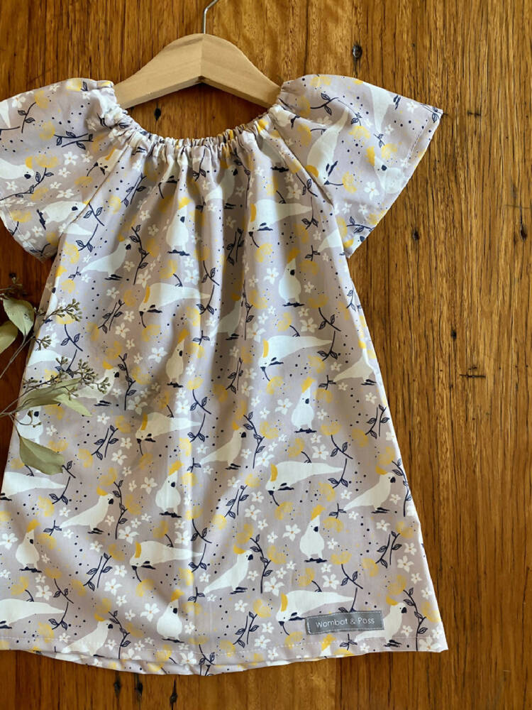 dress - grey cockatoos / cotton peasant-style dress mushroom taupe