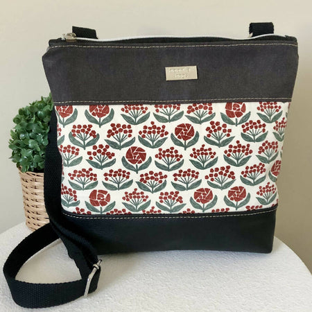 Grey Canvas and Genuine Leather Crossbody Bag with Red Flowers