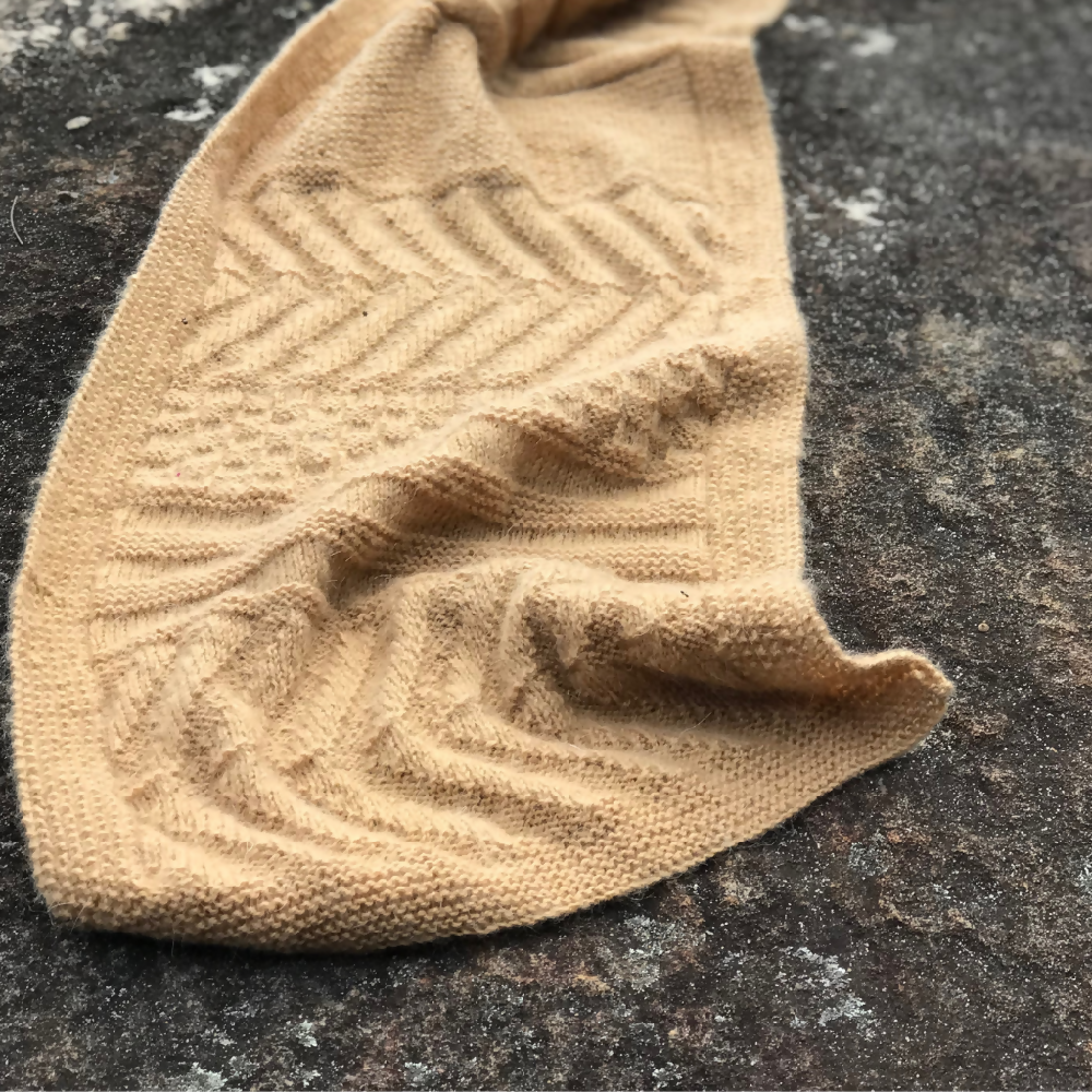 Tan Guernsey wrap. Extra long Scarf. Textured shawl. Knitted Slow fashion.