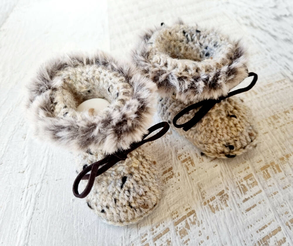 Baby Booties Fluffy Beige Oatmeal Newborn Crochet Knit Shoes Sock