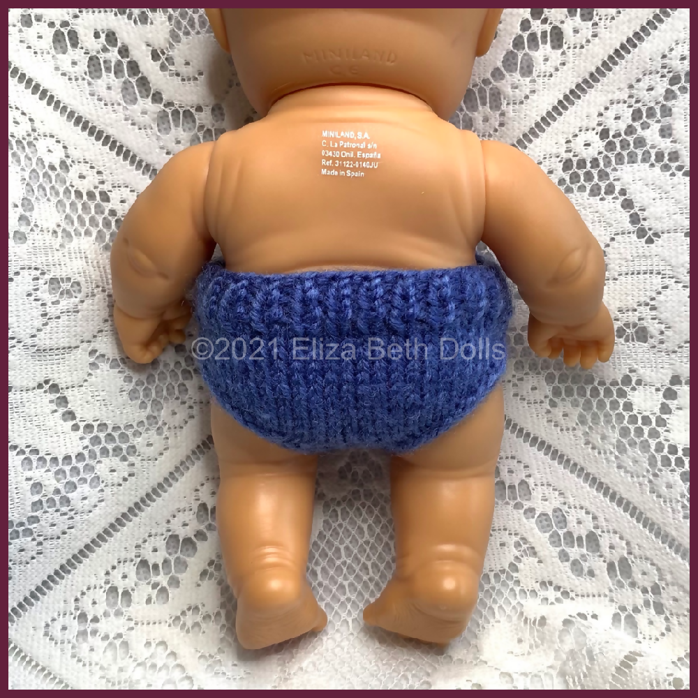 Miniland 21cm clothes, PDF digital pattern, Underpants, Knickers, Undies, Boy, Girl, Unisex, Easy quick knit, Straight needles, Flat knit, Baby doll clothes, Cute outfit, Doll accessories, Minikane, 8inch, Clear instructions, Photos, 8ply DK yarn, Beginner friendly, Basic knitting, Simple pattern, Eliza Beth Dolls, Australia, 2