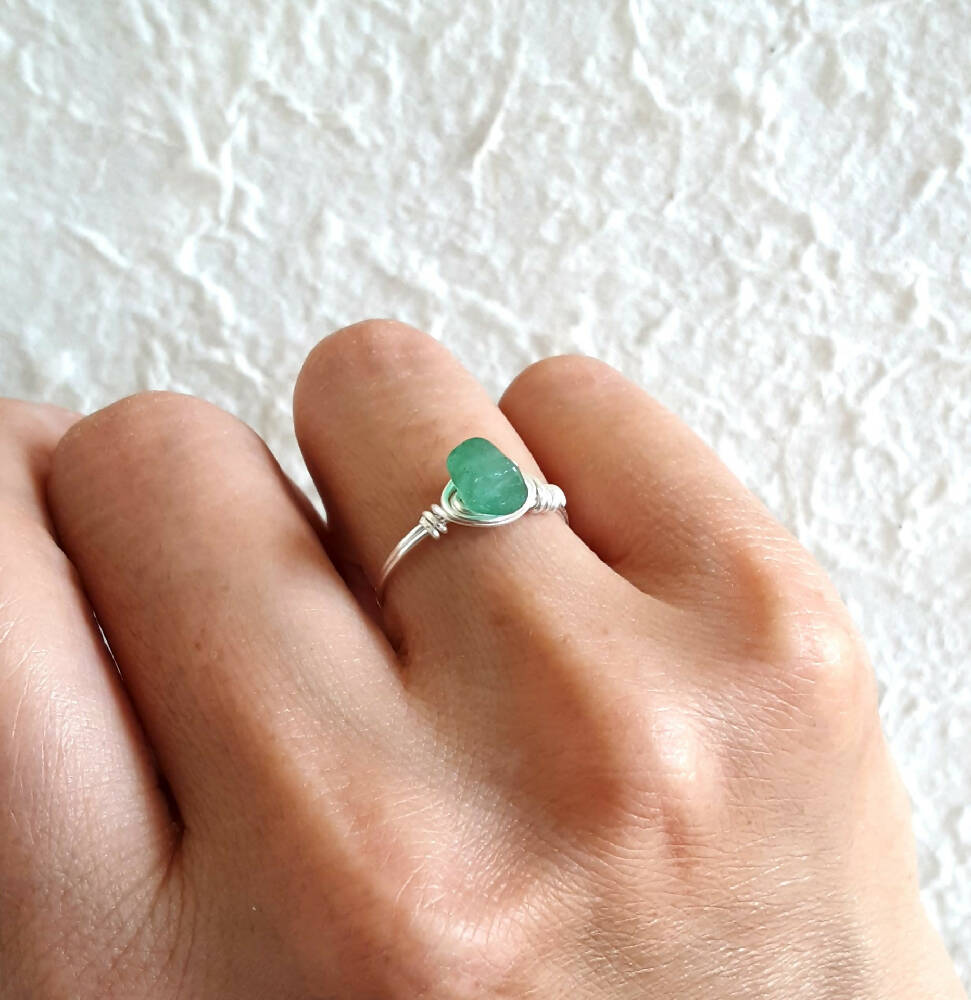 Single Natural gemstone wire wrap ring , Jade Green Aventurine Amazonite