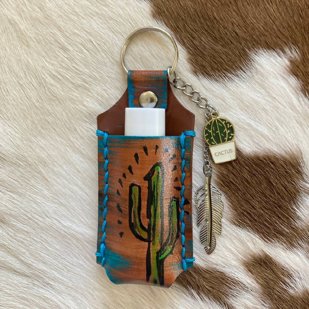 Leather Lip balm Holder Keychain - Cactus