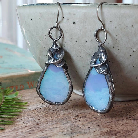 Blue stained glass soldered artisan earrings, raindrop earrings