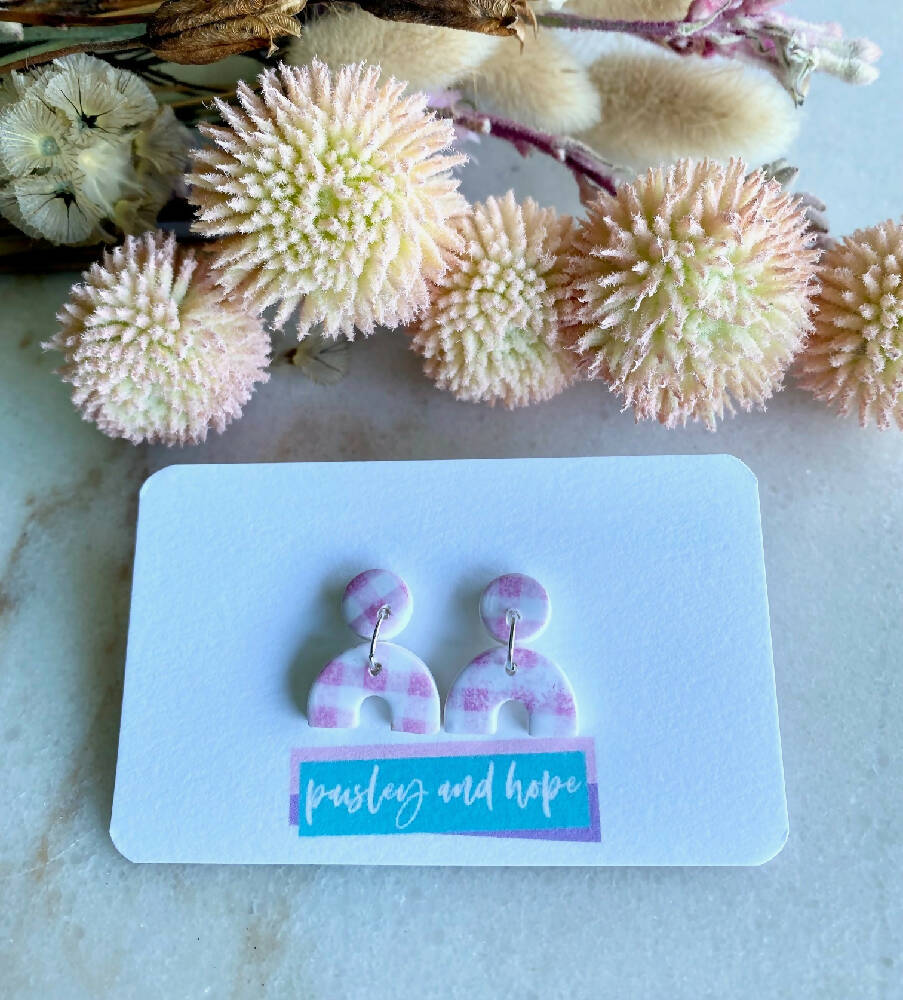 Polymer Clay Arch Dangle - Stud Top - Pink Gingham