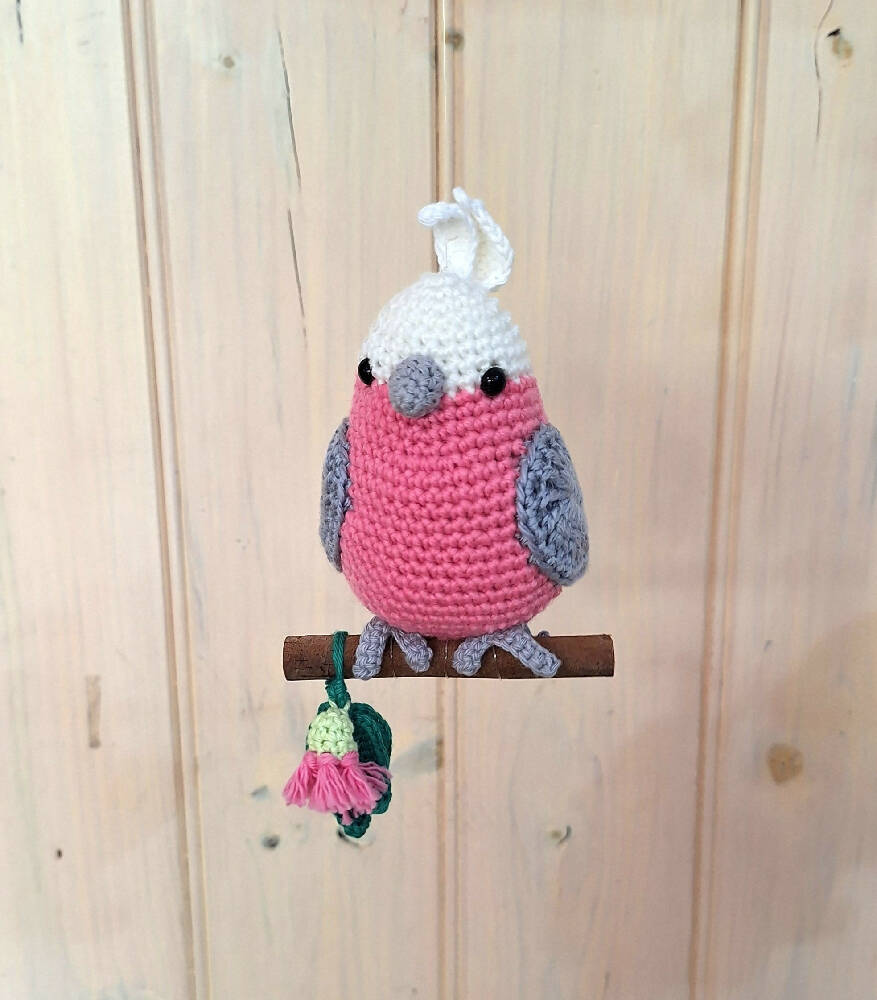 Hand crocheted pink galah room decoration or toy