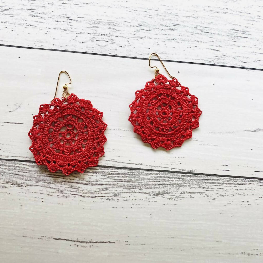 Crochet red lace mandala earrings