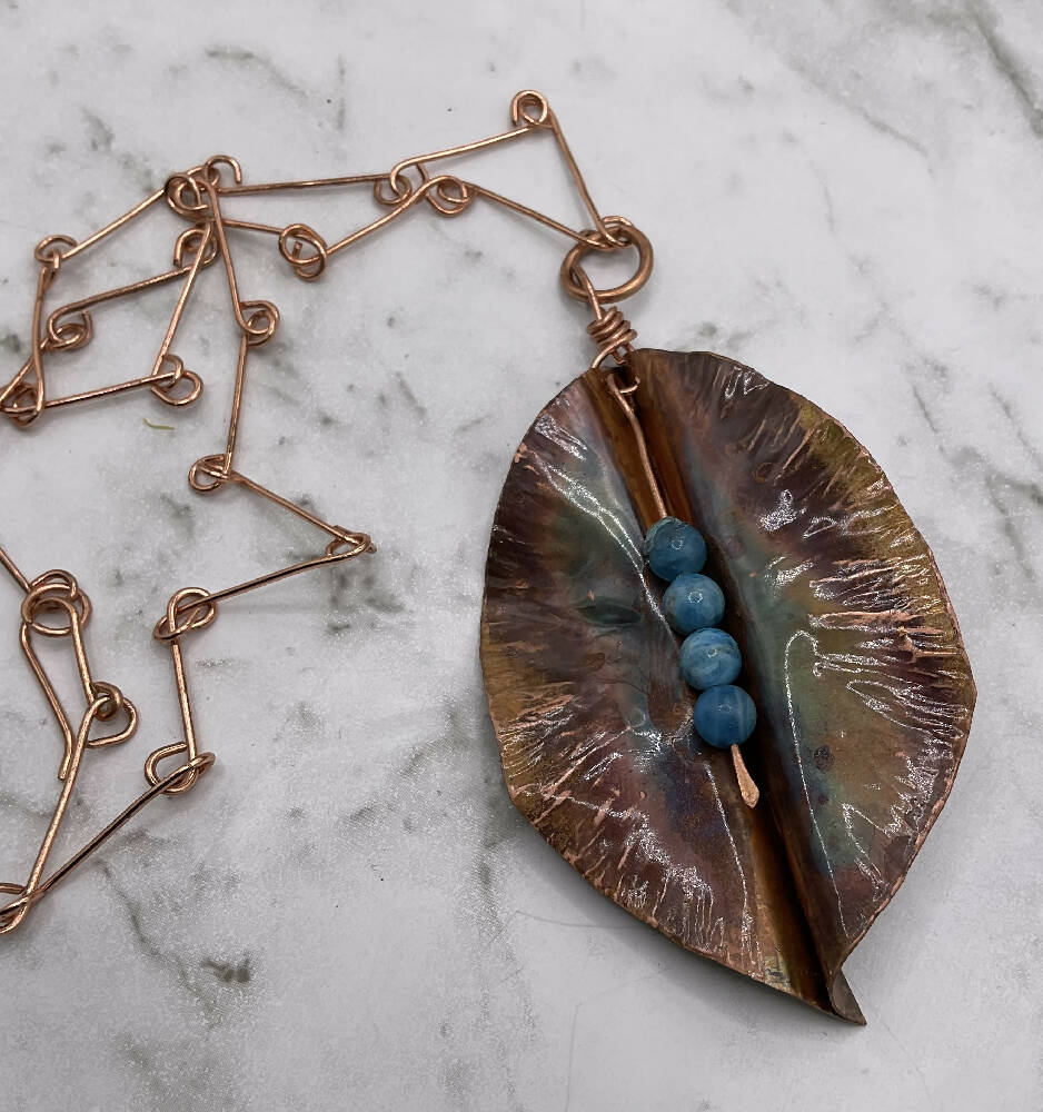 Copper Leaf Pendant with Azurite & Chain