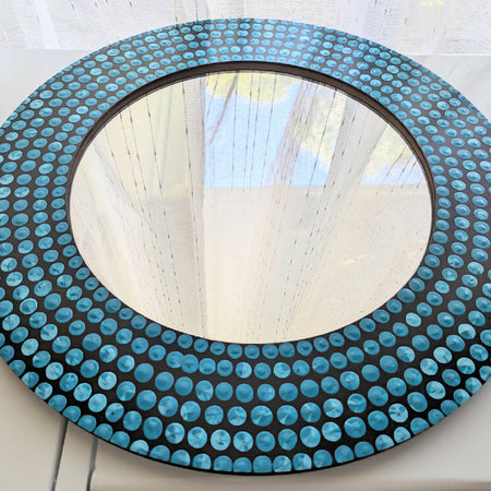 Aqua Blue Dot Art Mirror Handpainted Marbled Design