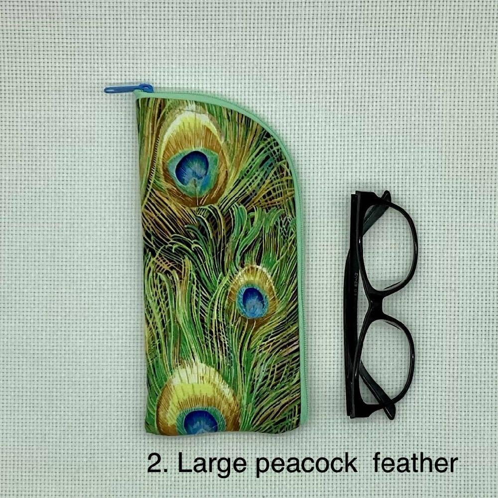 Peacock feathers curved top zip pouch for glasses, phones, handbag organiser, etc.
