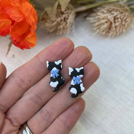 Black and White Cat with Blue Bow, Polymer Clay Lightweight Earrings