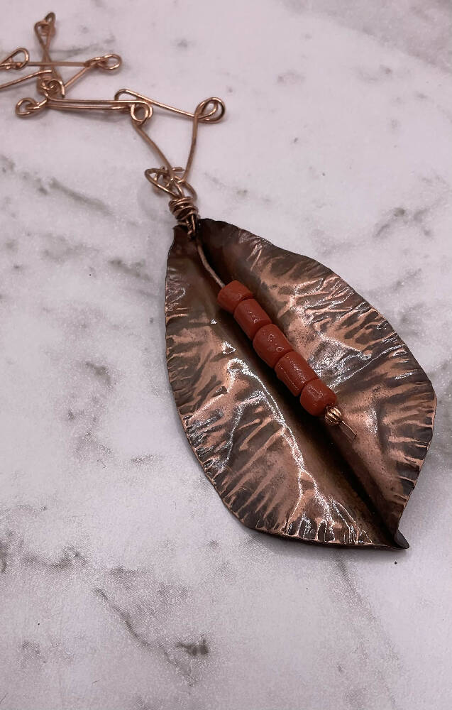 Leaf Pendant with Coral & Chain