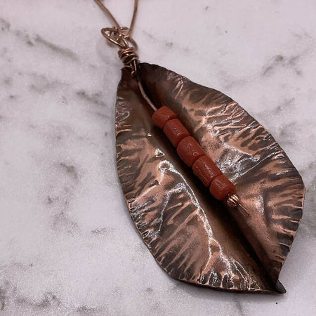 Leaf Pendant with Coral & Chain
