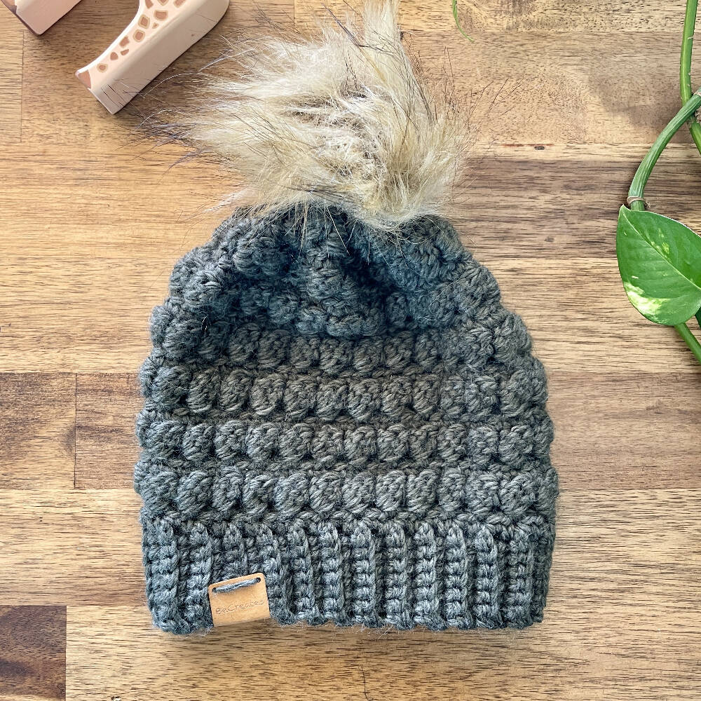 Toddler Beanie with Faux Fur Pom Pom - Ash Grey