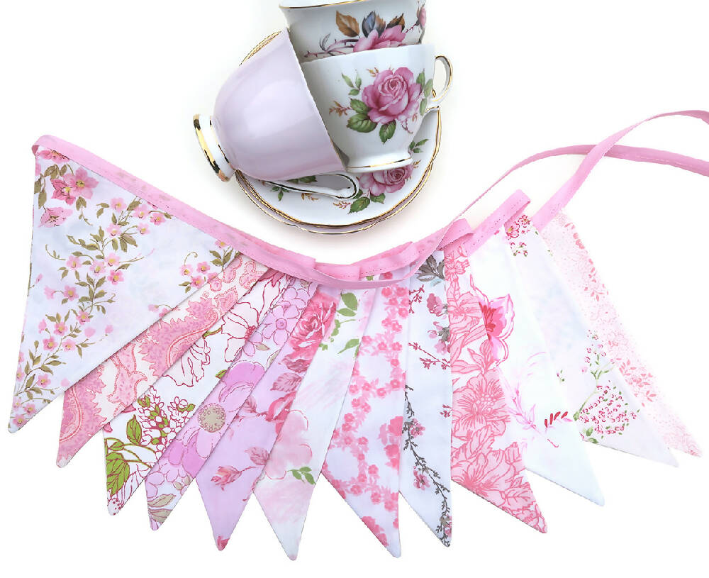Tea Party Bunting - Vintage Retro Pink MULTI Floral Flags, Decoration