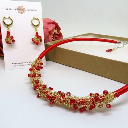 Red Crochet Wire Beaded Necklace Earrings Set
