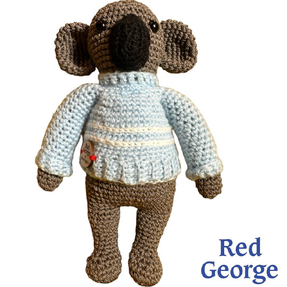 Red George of Kensington Koala wearing a blue and white jumper