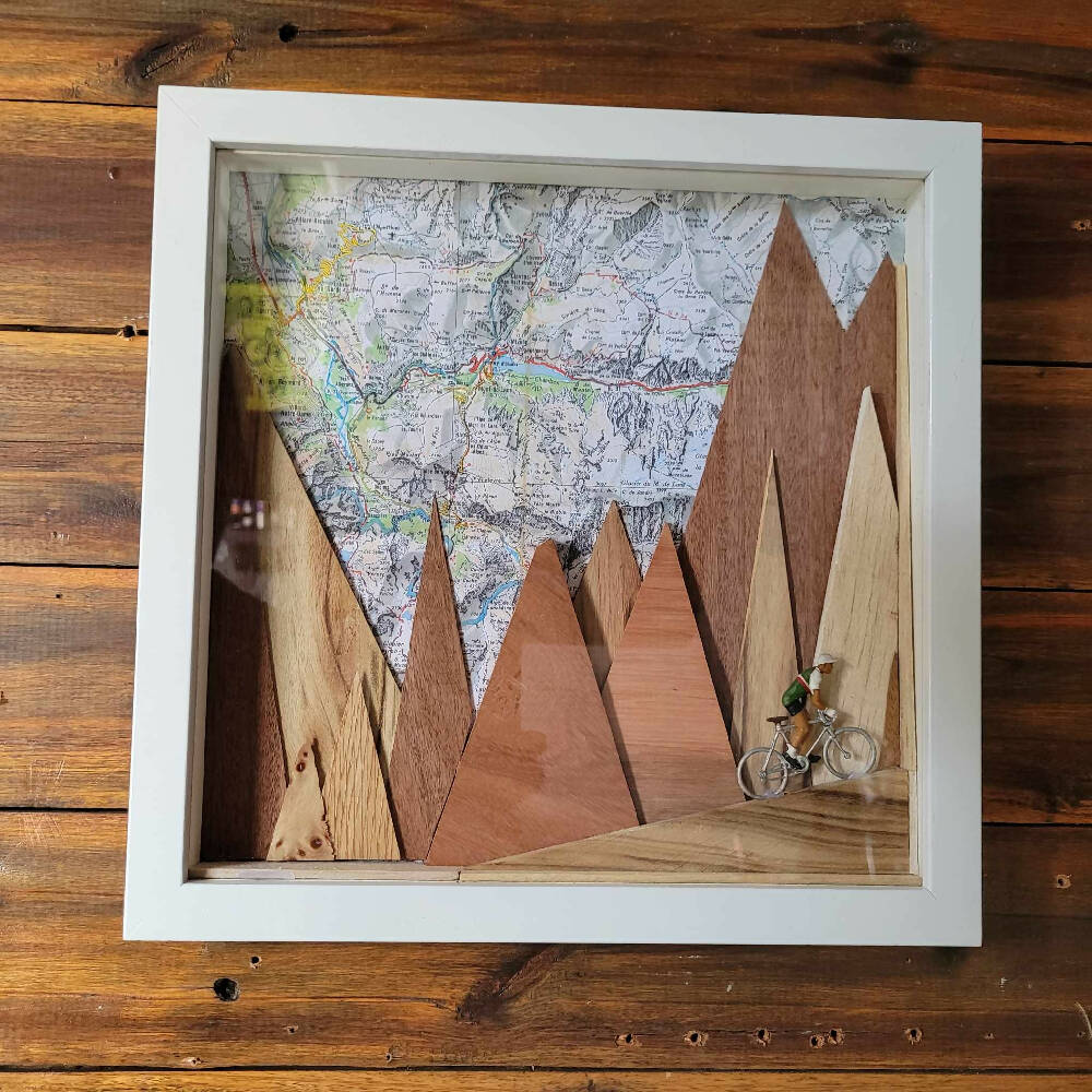 Original handcrafted cycling art composition of rider in the Alps
