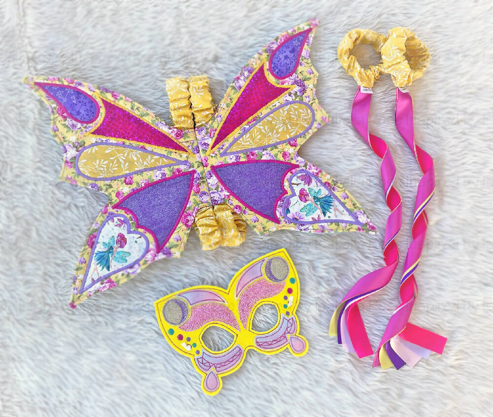 Appliquedwings-fabricwings-butterfly-gardenparty-dressingup-custommade-embroideredmask-dancingribbons-themedparty-partywear