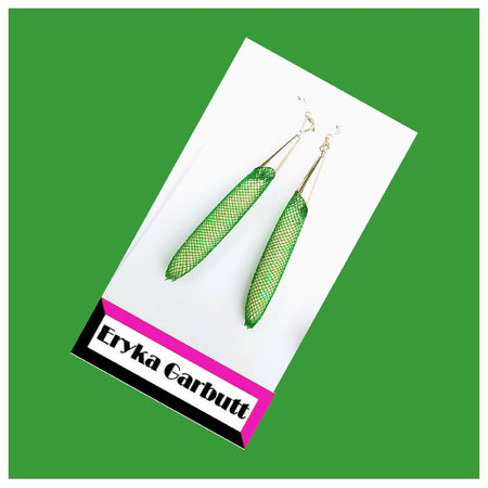 Dangle earrings. Green nylon mesh filled earrings, extra long.