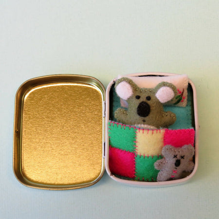 Miniature Felt Koala - Wool Felt Play Set - Tin Bed