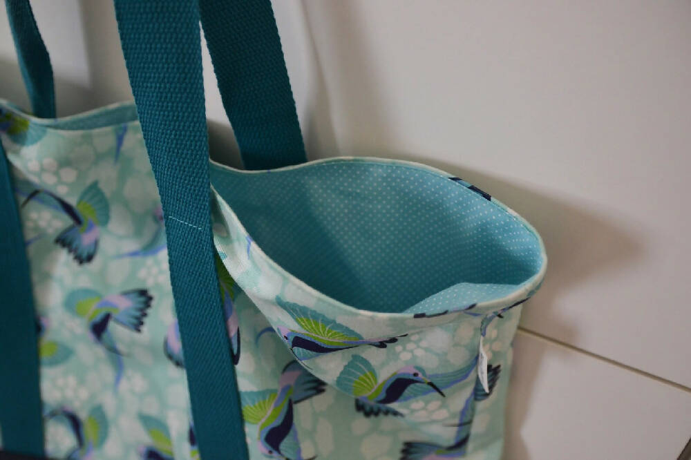 Tote Bag for Shopping/Market/Beach – Hummingbirds (Blue) + Denim