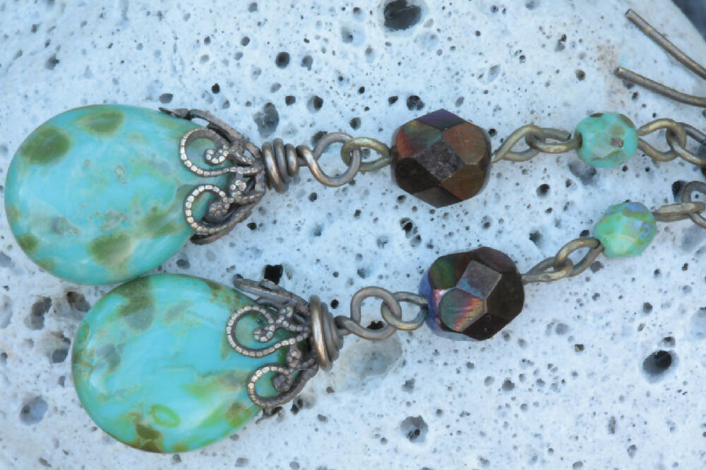 Turquoise Teardrop Czech Fire Polished Glass Beaded Drop Earrings