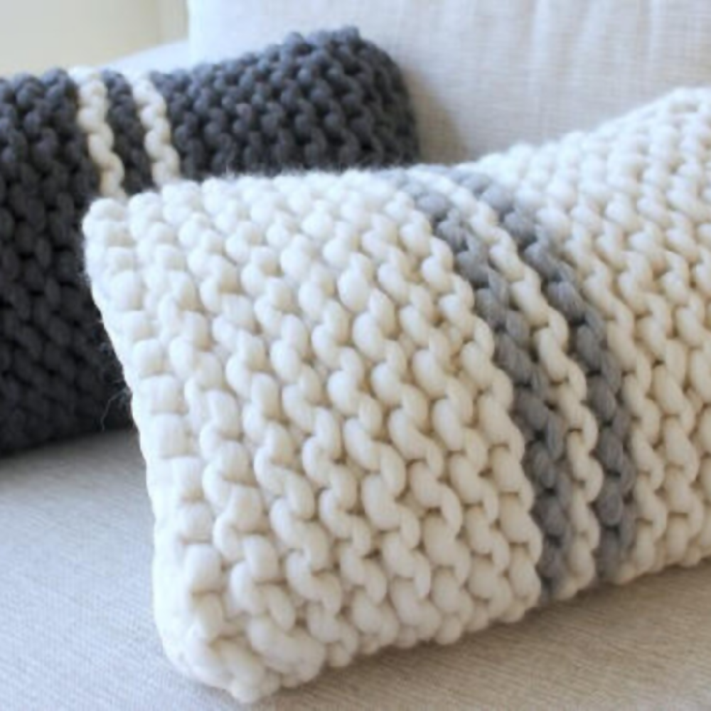 Knitted Chunky Cushion set with French Stripe. Extreme Knit Pillow.