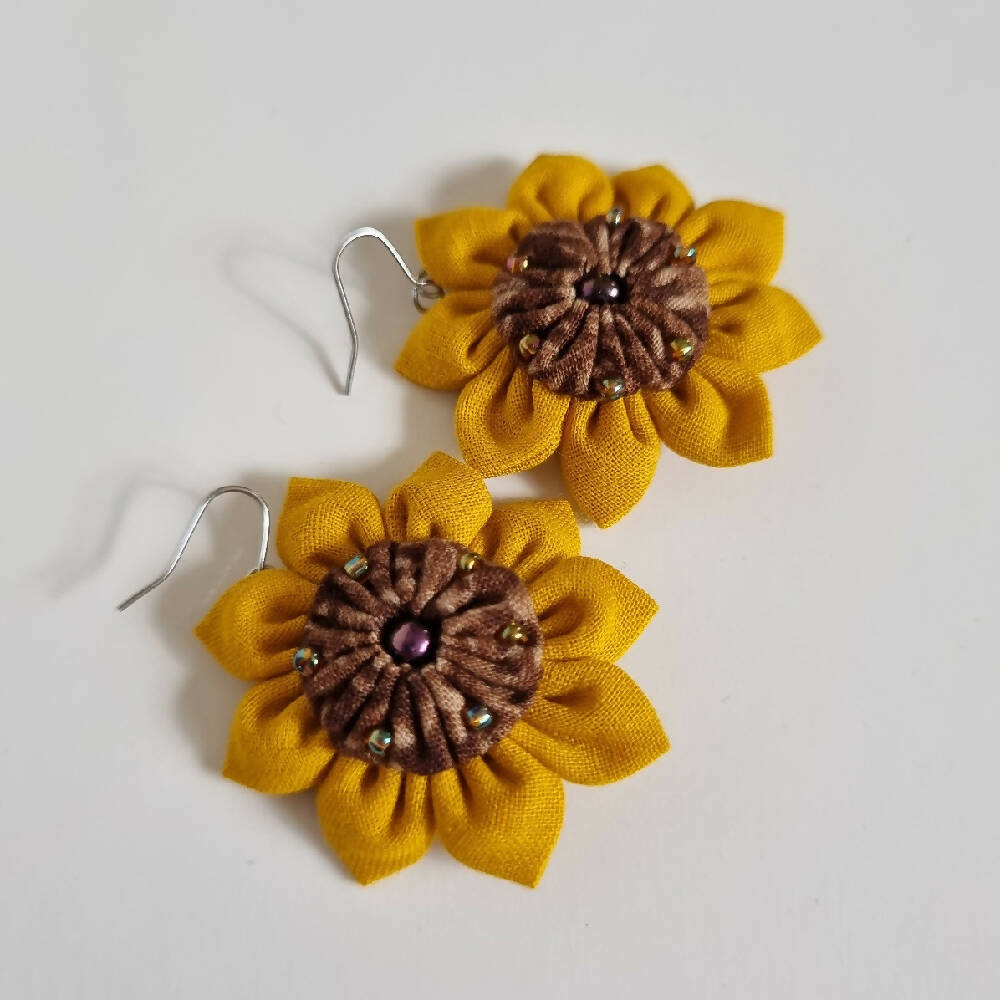 Sunflower Earrings - Fabric Flower Earrings - Upcycled Fashion