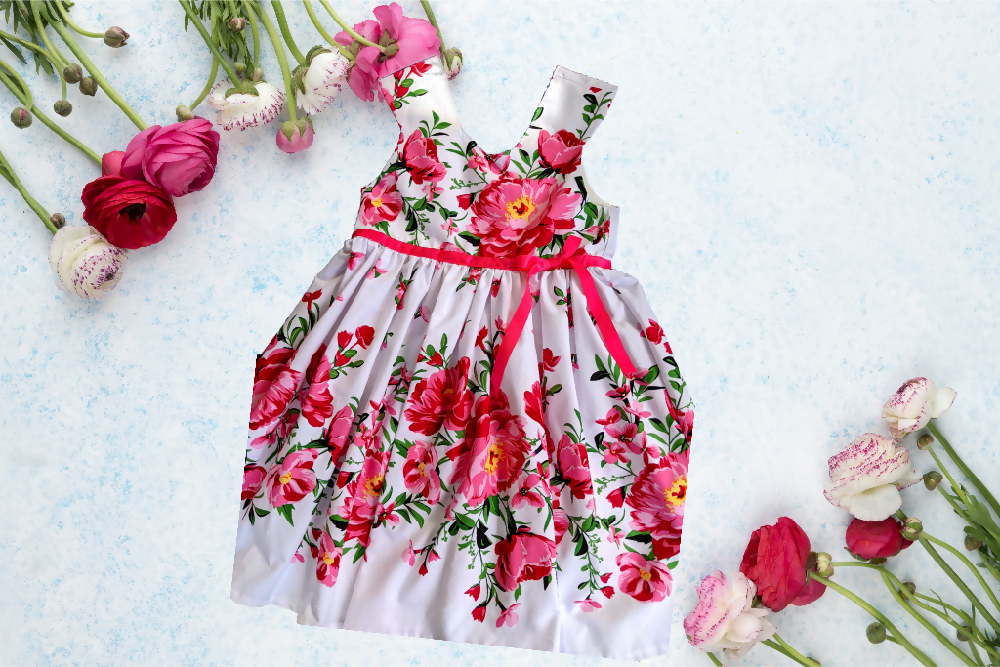 Girls Border Print Dress, Roses