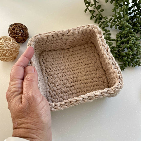 Crochet handmade basket - Square Beige - small