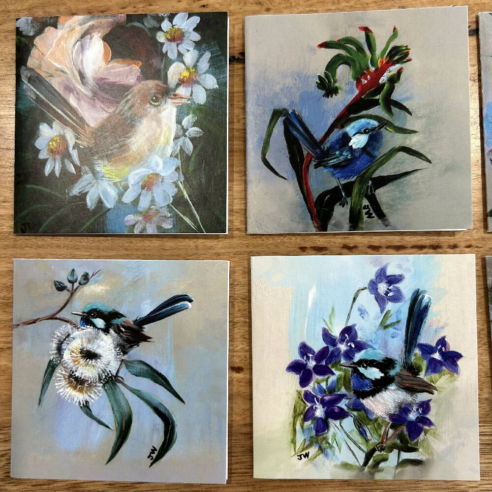 Wrens and Flowers Card Set - Blue (6 pack)