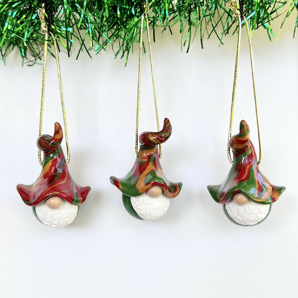 Gnome Christmas baubles trio - green, red, gold (green bottoms)