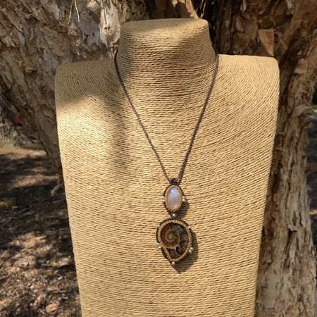 M047-Macrame moonstone and ammonite pendant, handcrafted jewelry with gemstones