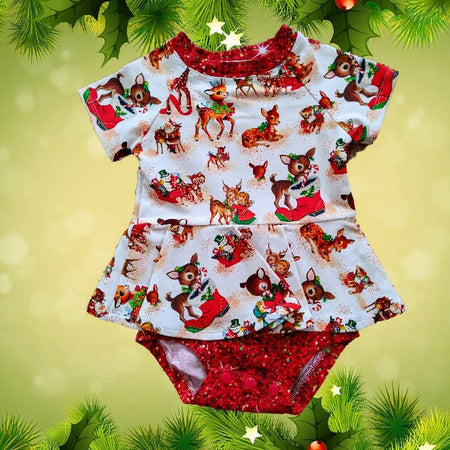 Xmas, Baby Girls Stretch, Vintage Reindeer Peplum Onesie, Size 0, 1