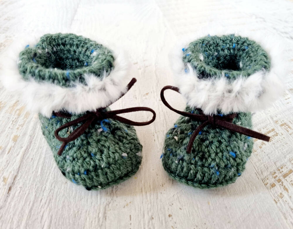 Baby Booties Fluffy Green Tweed Newborn Crochet Knit Shoes Sock