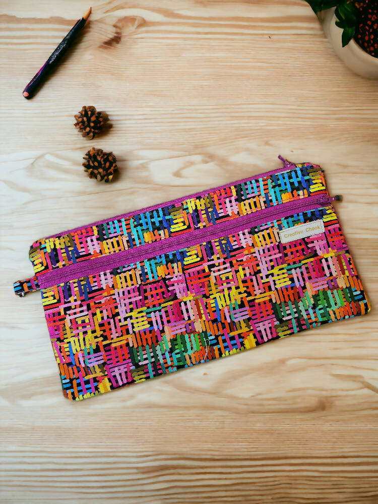 Handmade Pencil Case Double Zippered Pink multicoloured