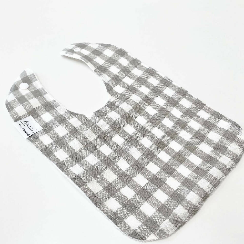 Grey gingham linen bib