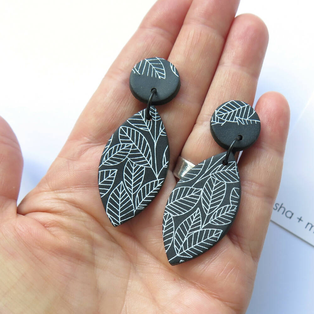Large Leaf black and white polymer clay statement earrings