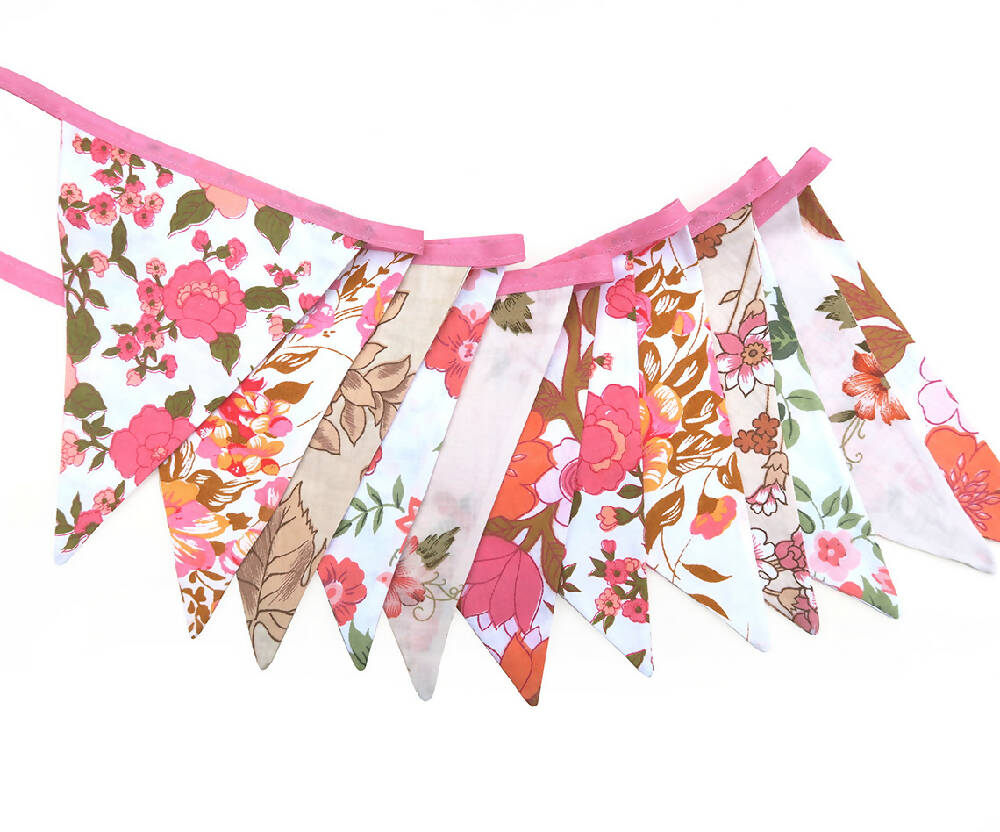 Hand Made - RETRO 'Pink Peach Bright Floral' Flag Bunting Decoration.