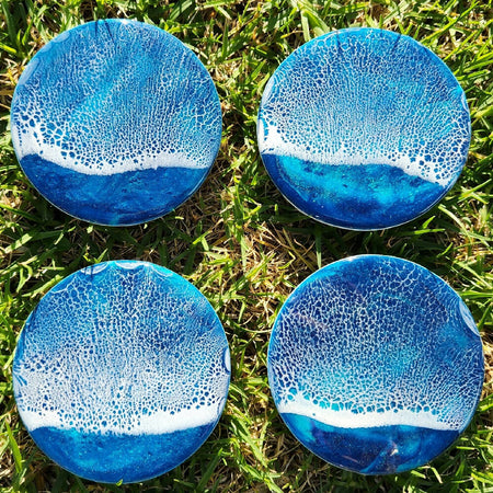 Glittering Blue and Turquoise Resin Wave Coasters (Set of 4)