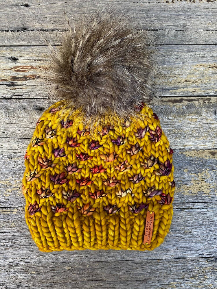 Hand Knitted Mustard Lotus Flower Beanie Pompom Staceysknitwits 103