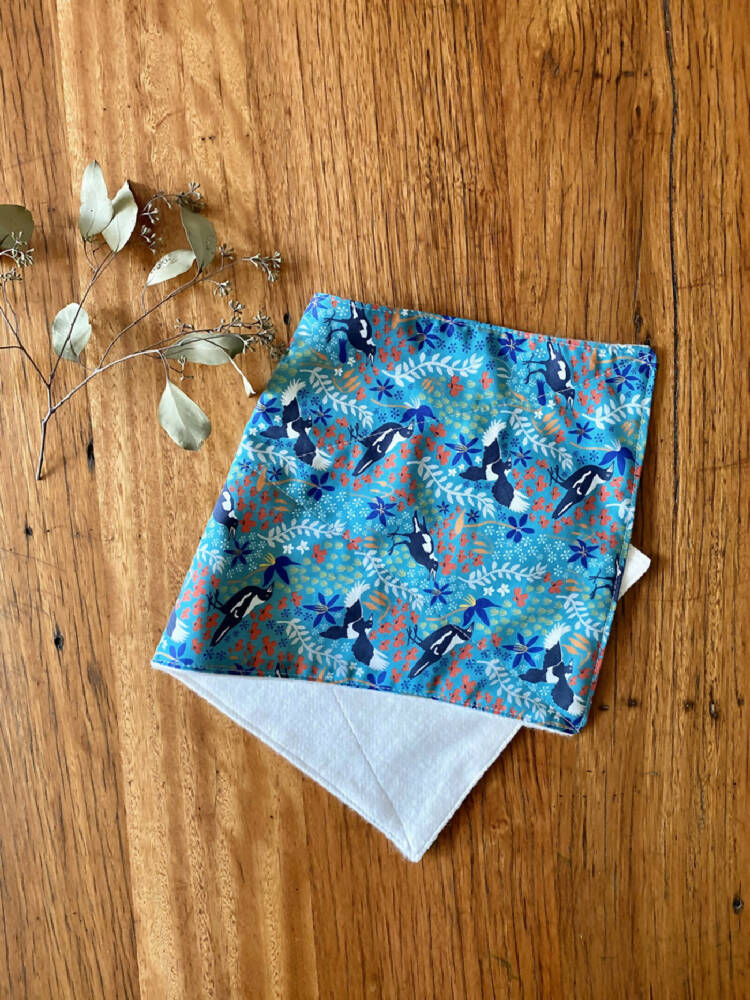burp cloth - Australian magpies green / organic cotton hemp / eco friendly