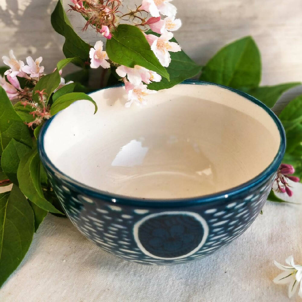 Hand Made Ceramic Bowl in Teal, White & Black