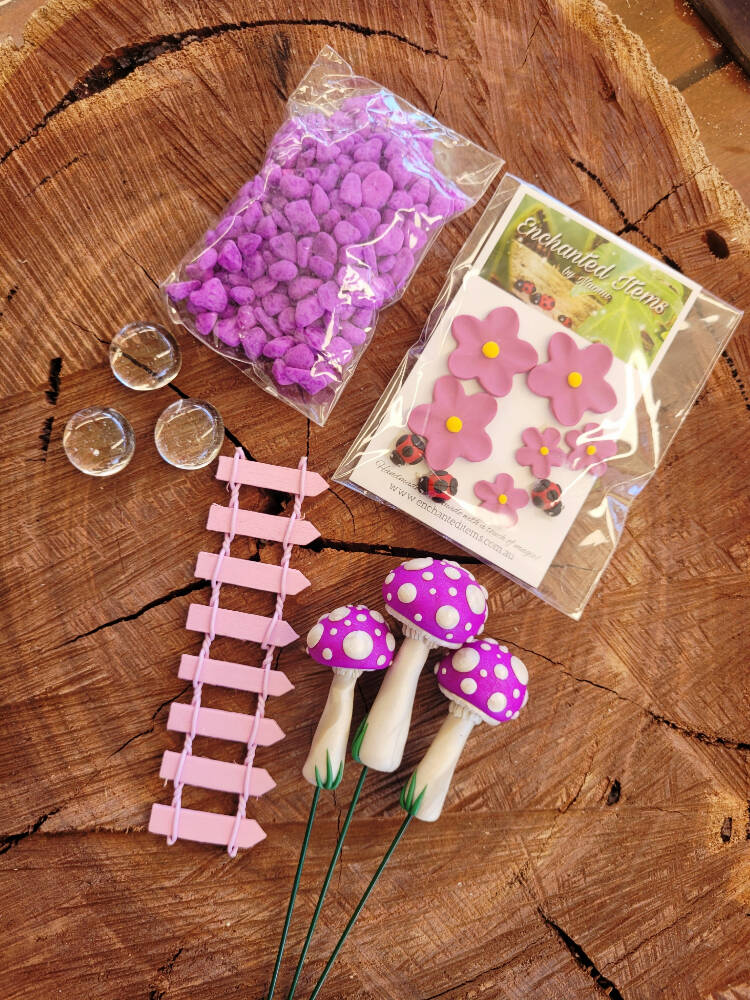 Bright Purple Fairy garden Mushrooms set with Ladybirds