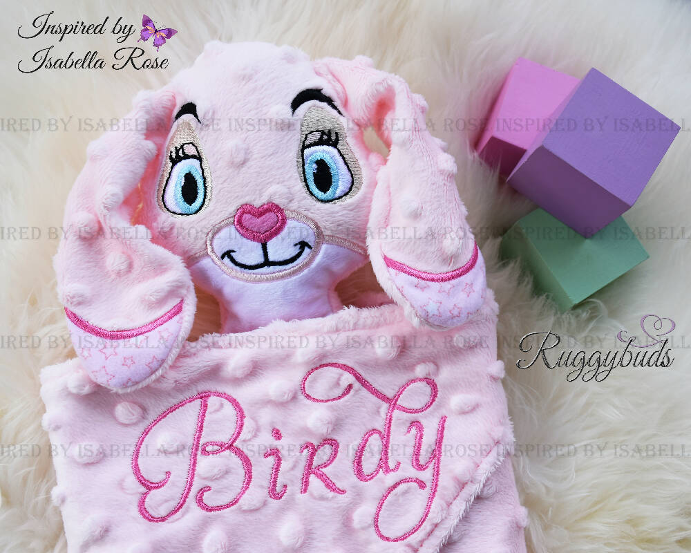 Baby comforter, Embroidered name, Bunny themed Ruggybud, Made to order