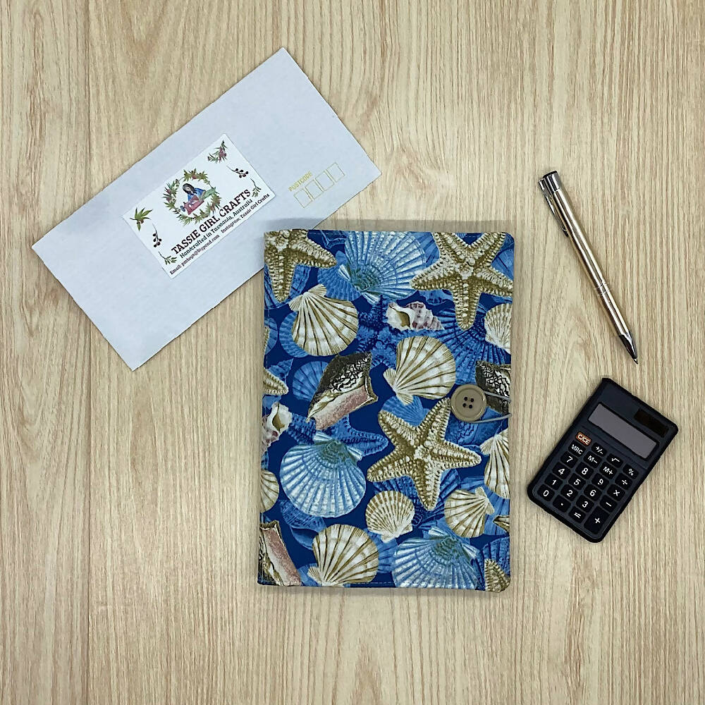Seashells refillable A5 fabric notebook cover gift set - Incl. book and pen.
