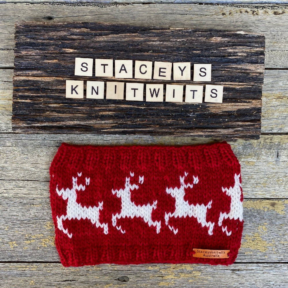 Staceys KnitWits Run Run Rudolph Headband Hand Knitted Bendigo Wool 4