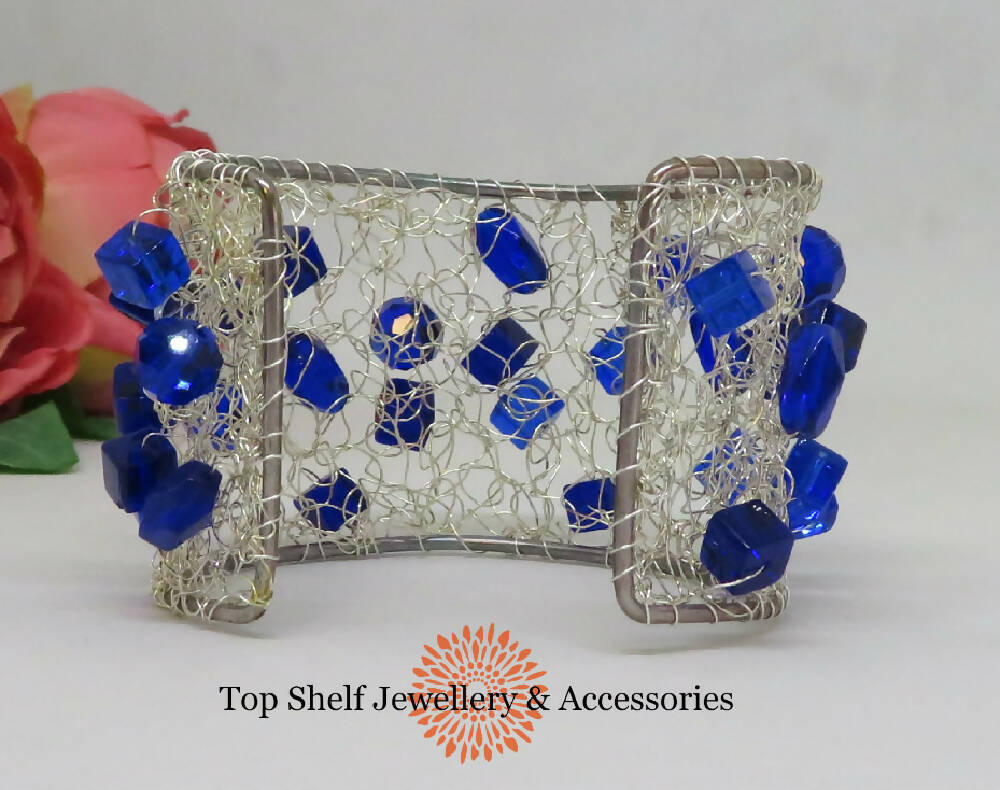 Cobalt Blue Crochet Wire Boho Beaded Cuff Bracelet